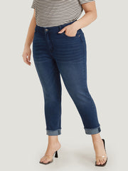 Solid Frayed Roll Hem High Rise Jeans