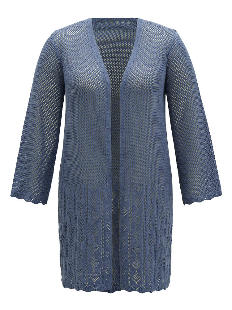 Solid Geometric Eyelet Open Front Cardigan