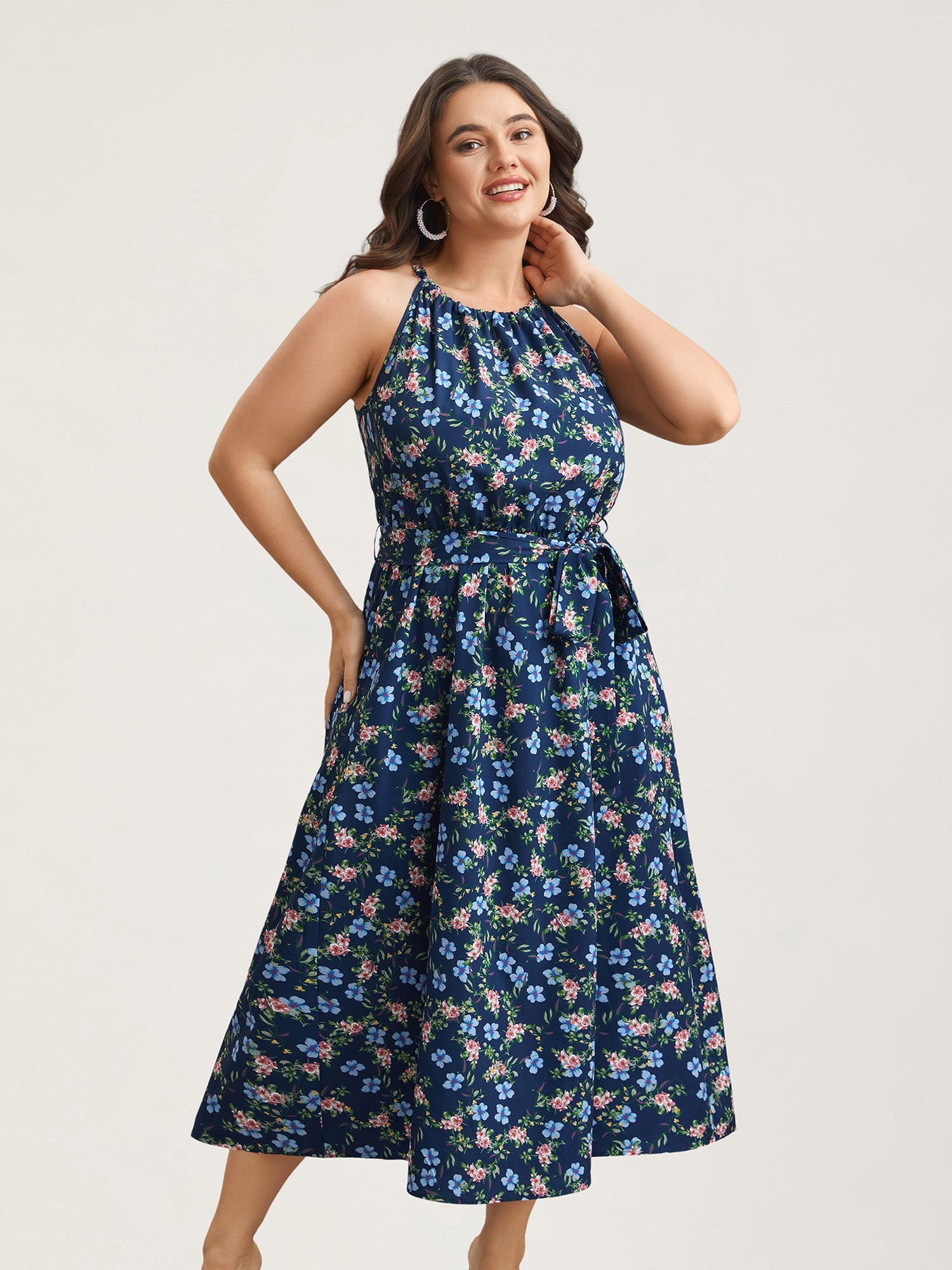 Floral Print Belted Stretchy Waist Midi Dress