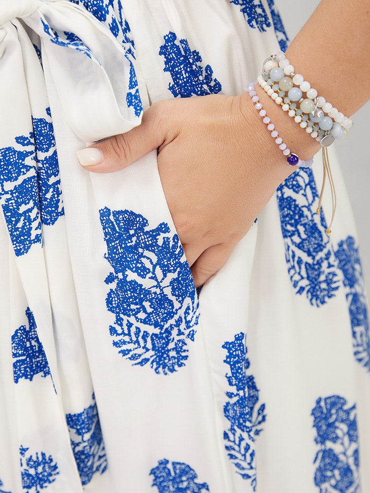 Floral Print Pocket Belted Ruffle Hem Knee Dress