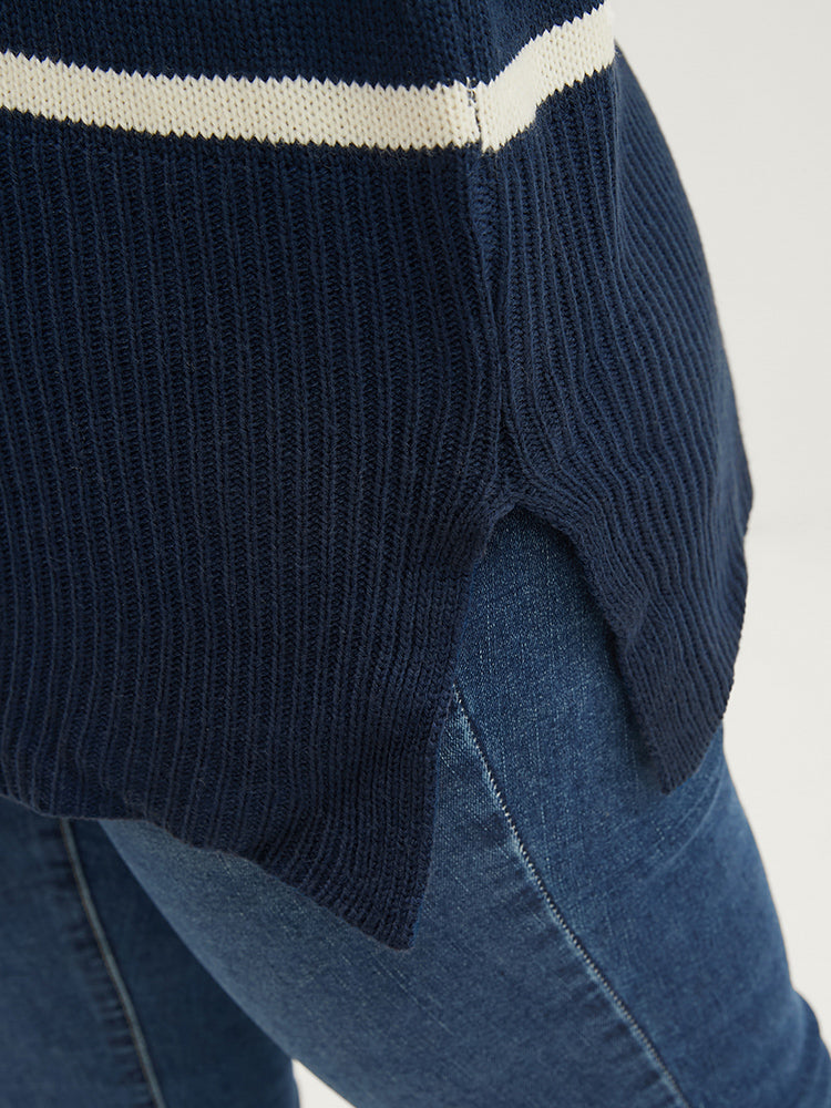 Striped Contrast Pointelle Knit Split Hem Mock Neck Knit Top