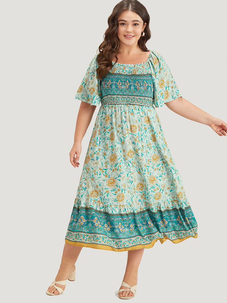 Floral Print Shirred Square Neck Dress