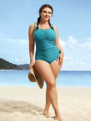 Solid Ruched Shell Chain Detail One Piece Swimsuit