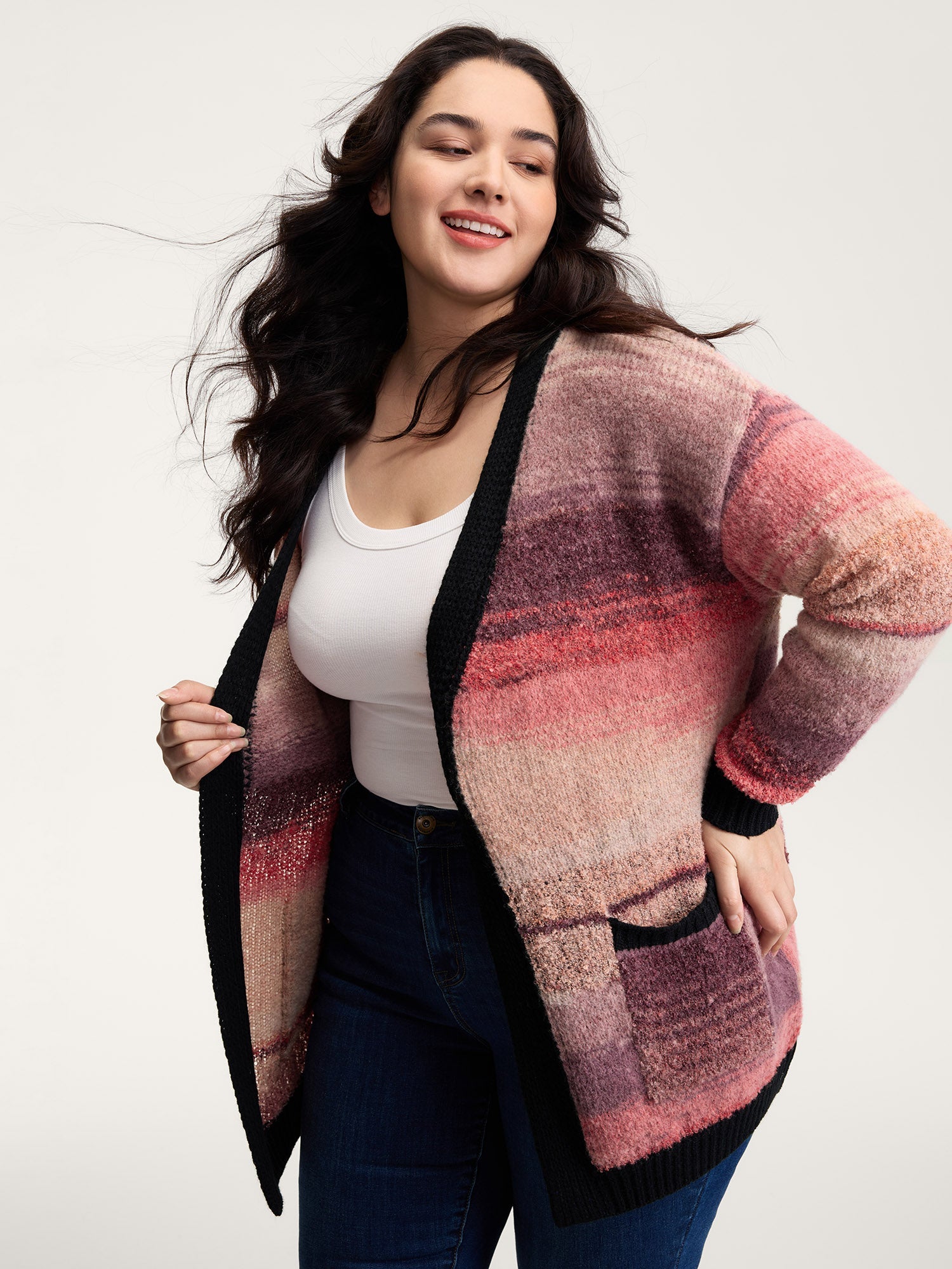 Heather Pockets Contrast Open-Front Cardigan
