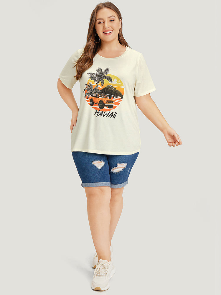 Coconut Tree & Car Print Crew Neck T-shirt