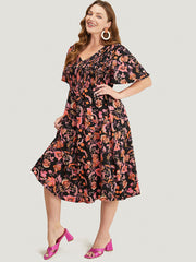 Bandana Print Pocket Shirred V Neck Ruffle Hem Dress