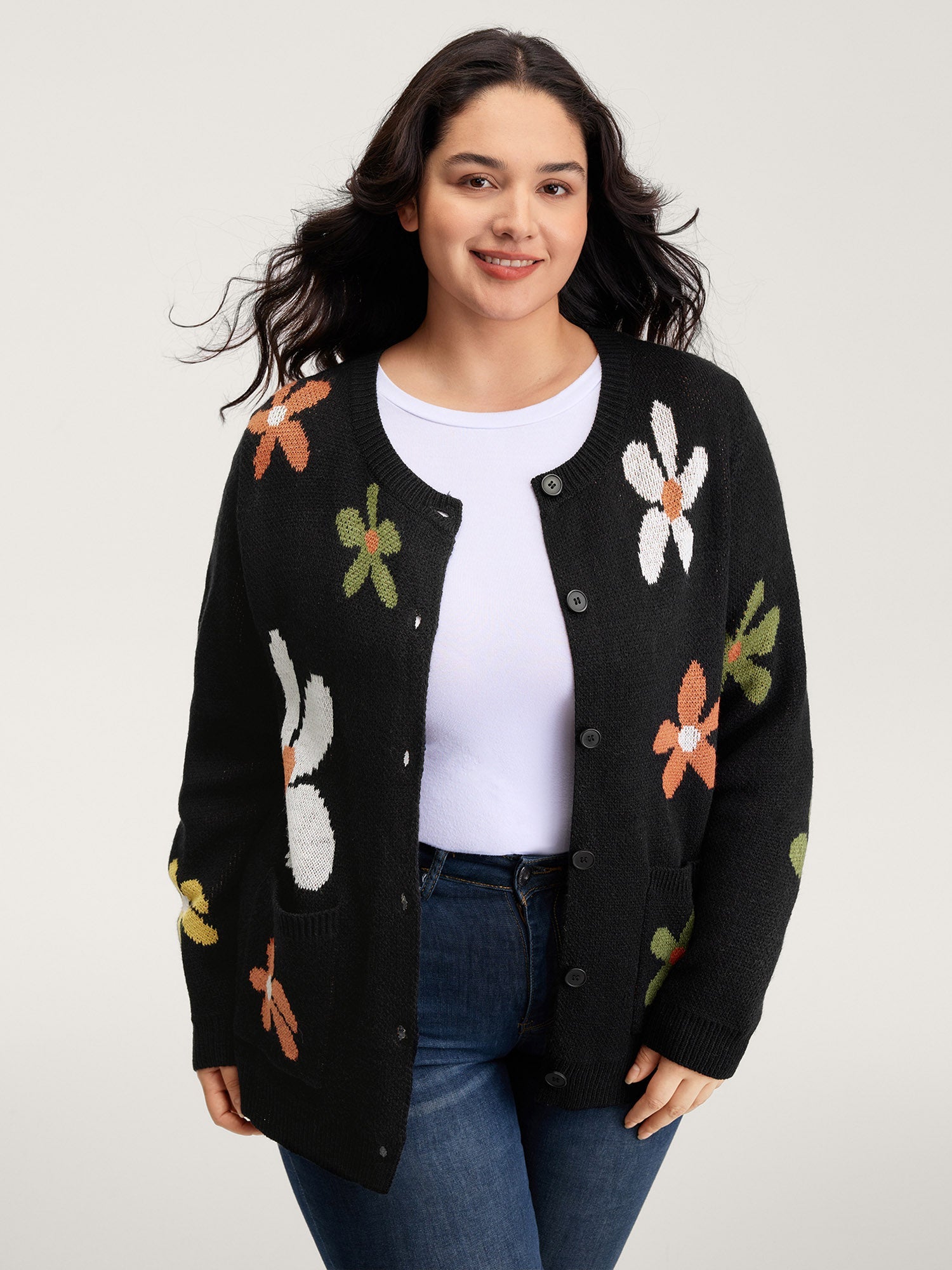 Floral Pattern Button-Down Knit Cardigan