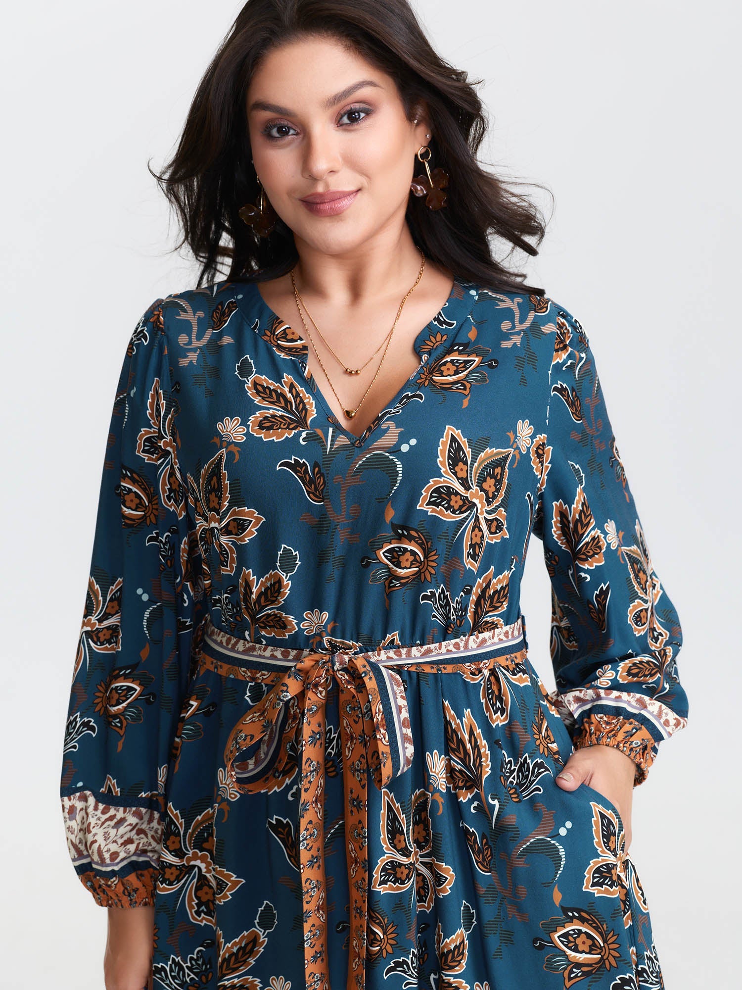 Floral Print Pockets Belted Waist Midi Dress