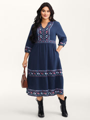 Floral Pattern Stretchy Waist Notched Maxi Dress