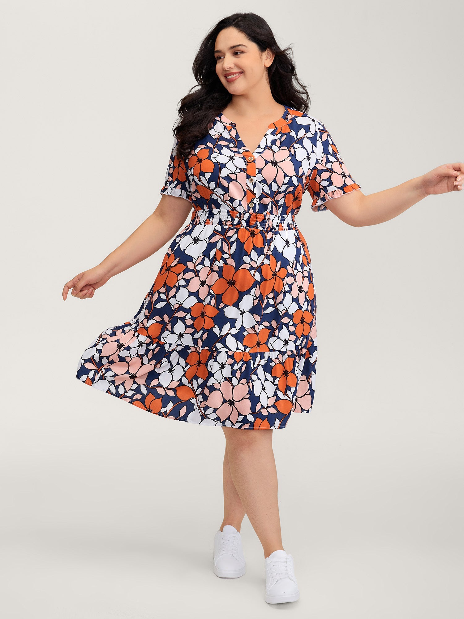 Floral Print Shirred Notched Neckline Midi Dress