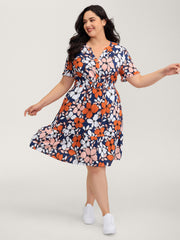 Floral Print Shirred Notched Neckline Midi Dress