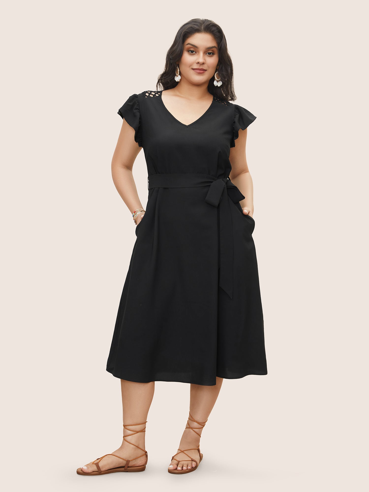 Solid Cut Out Ruffle Cap Sleeve Dress