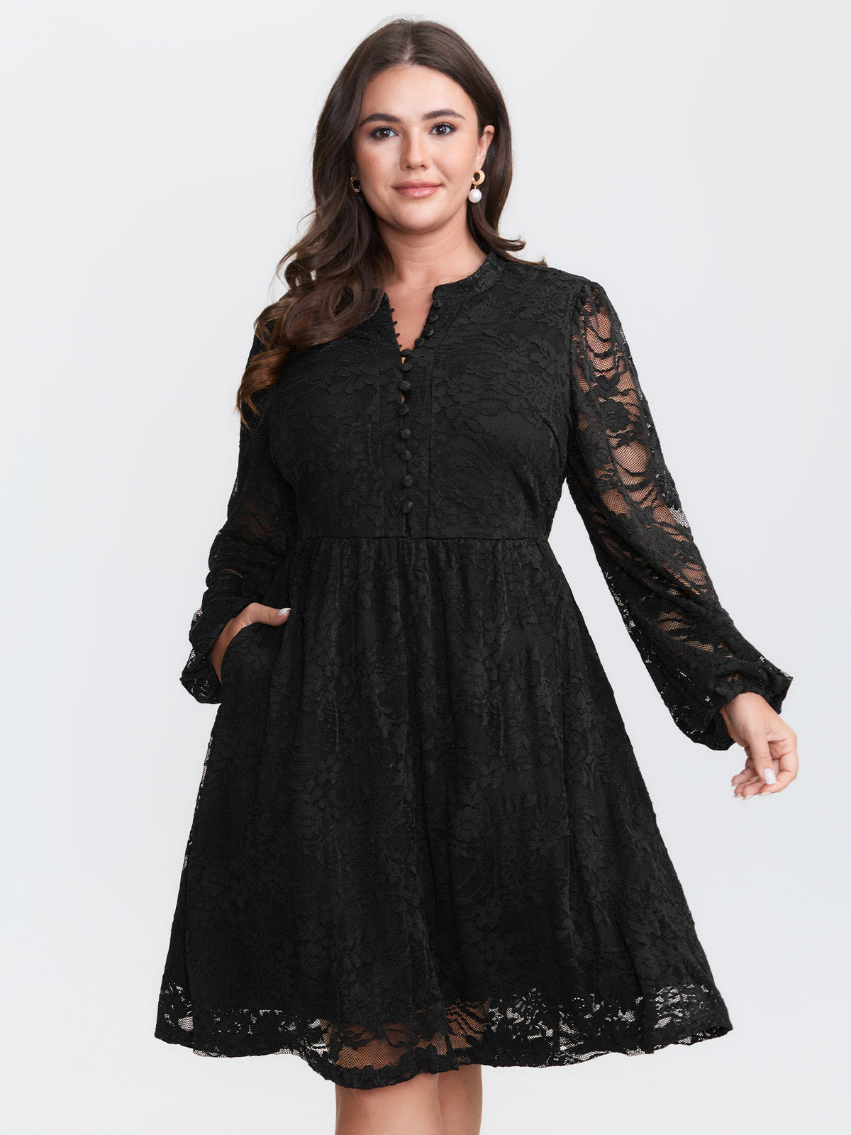 Sheer Lace Sleeve Waist-Defining Midi Dress