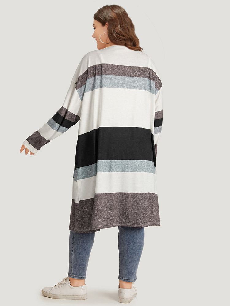 Striped Contrast Pocket Open Front Kimono