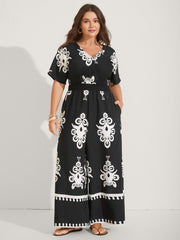 Boho Print Shirred Waist Surplice Jumpsuit