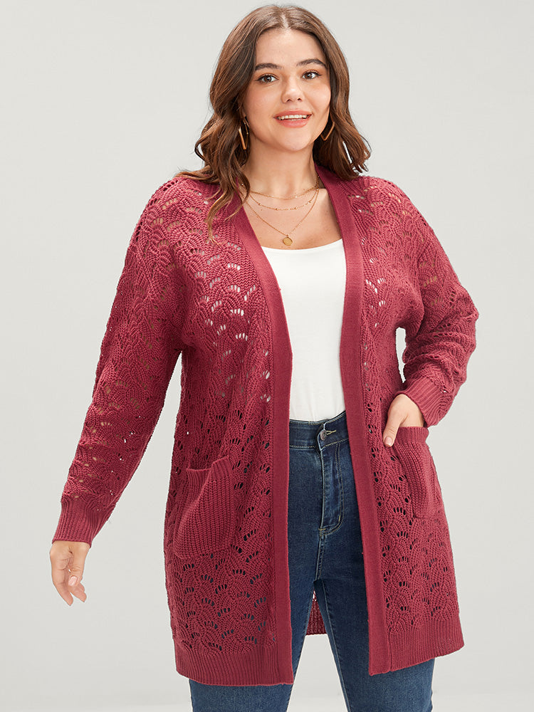 Plain Pointelle Knit Cut Out Pocket Open Front Mid Long Cardigan