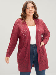 Plain Pointelle Knit Cut Out Pocket Open Front Mid Long Cardigan