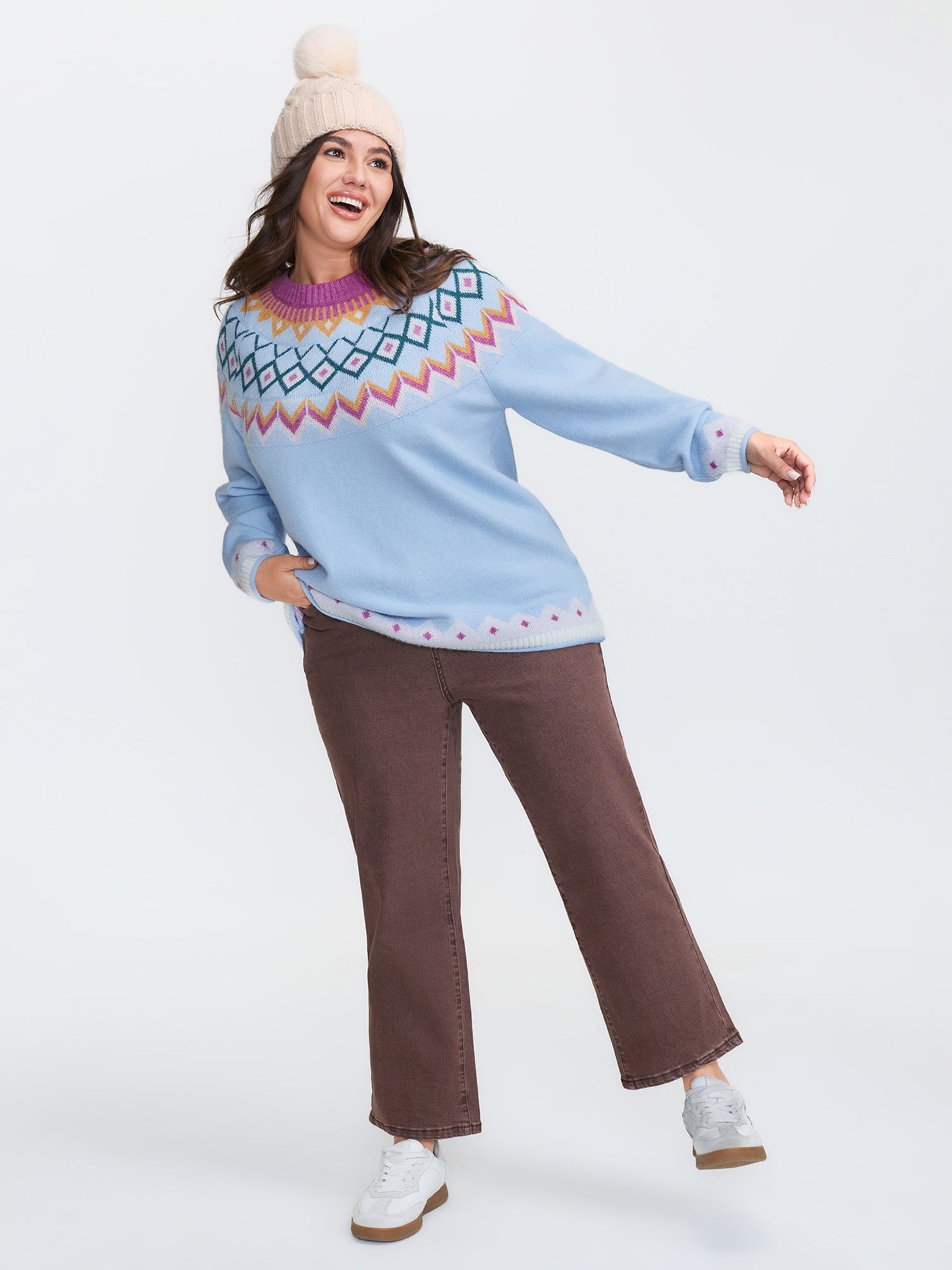 Fair-Isle Pattern Jacquard Round Neck Pullover
