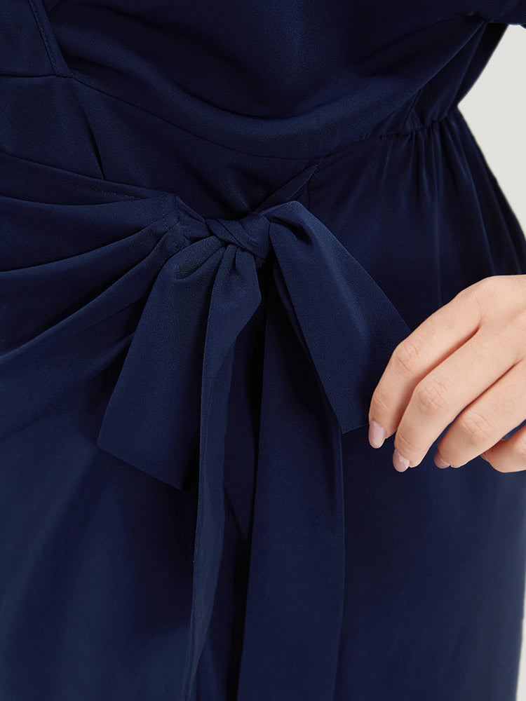 Shirt Collar Split Hem Wrap Pocket Knot Gathered Dress