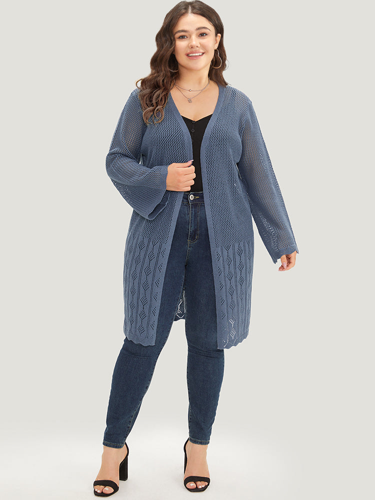 Solid Geometric Eyelet Open Front Cardigan