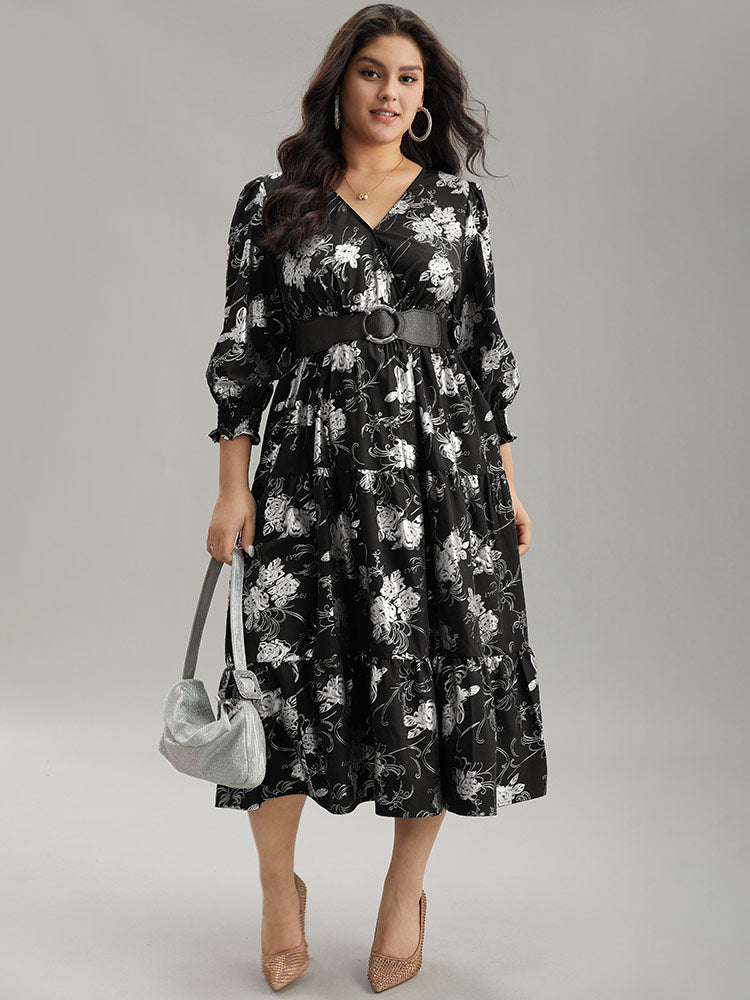 Silhouette Floral Print Glitter Wrap Shirred Dress