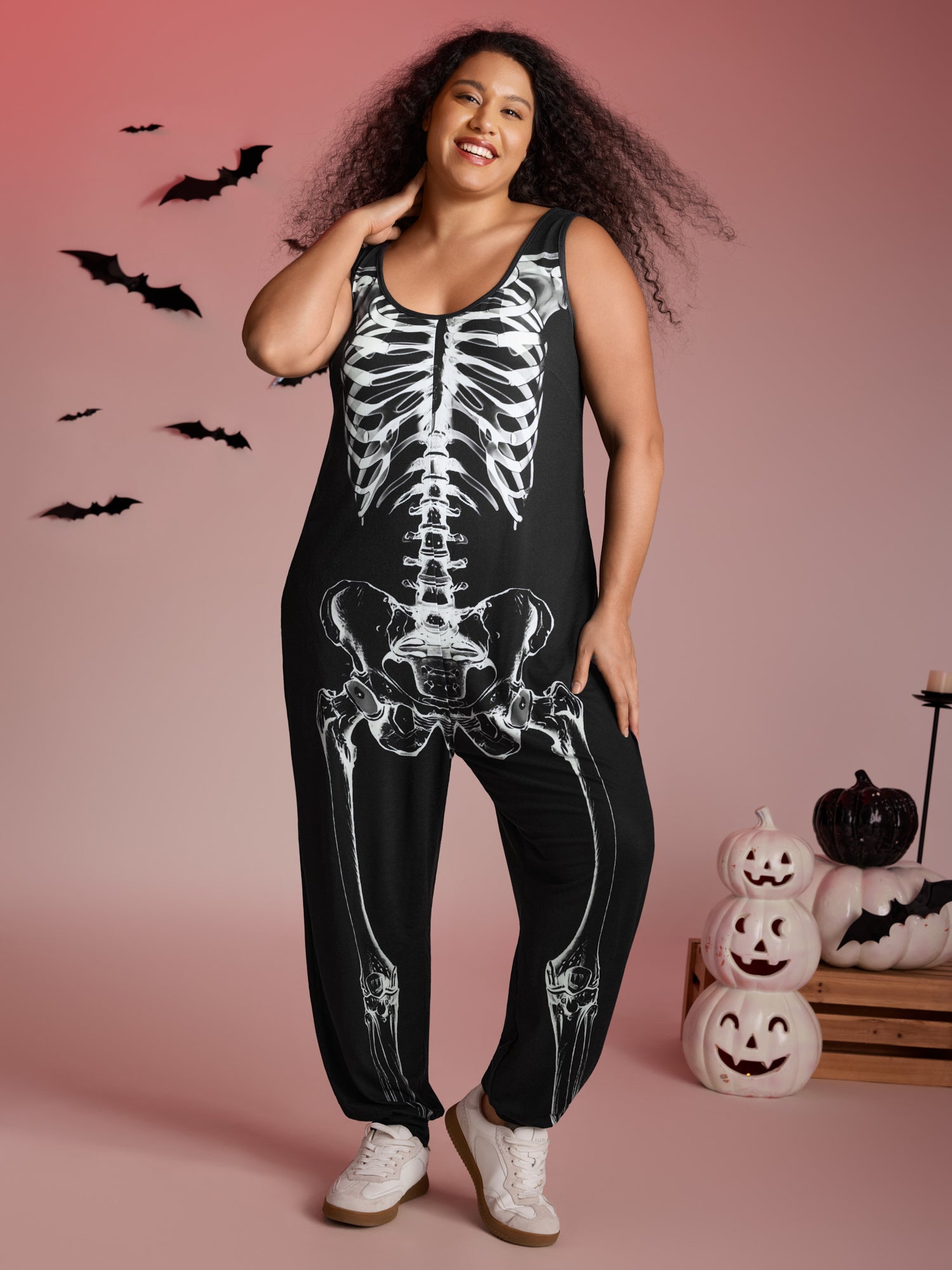 Skeleton Printed Off-Sleeves Jumpsuit