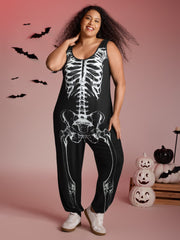 Skeleton Printed Off-Sleeves Jumpsuit
