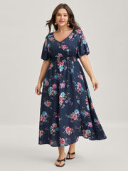 Floral Print Shirred Waist Slit Midi Dress