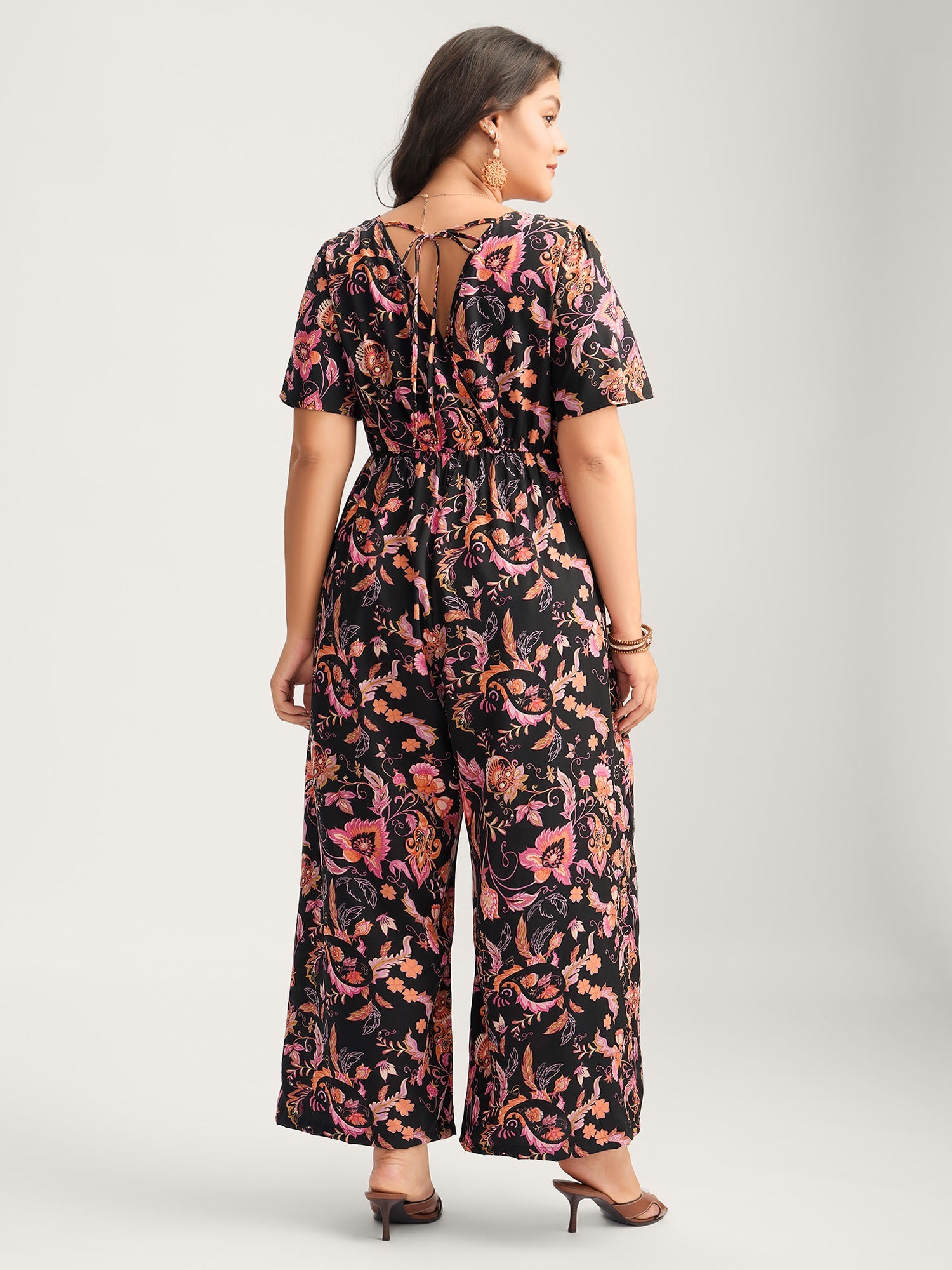 Floral Print Square Neck Pockets Jumpsuit