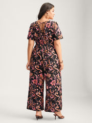 Floral Print Square Neck Pockets Jumpsuit