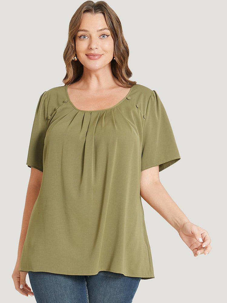 Solid Pleated Button Detail Blouse