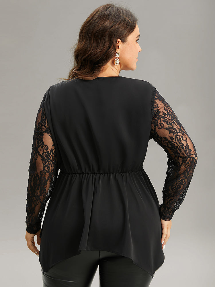 Guipure Lace Metal Detail Cut Out Hanky Hem Blouse