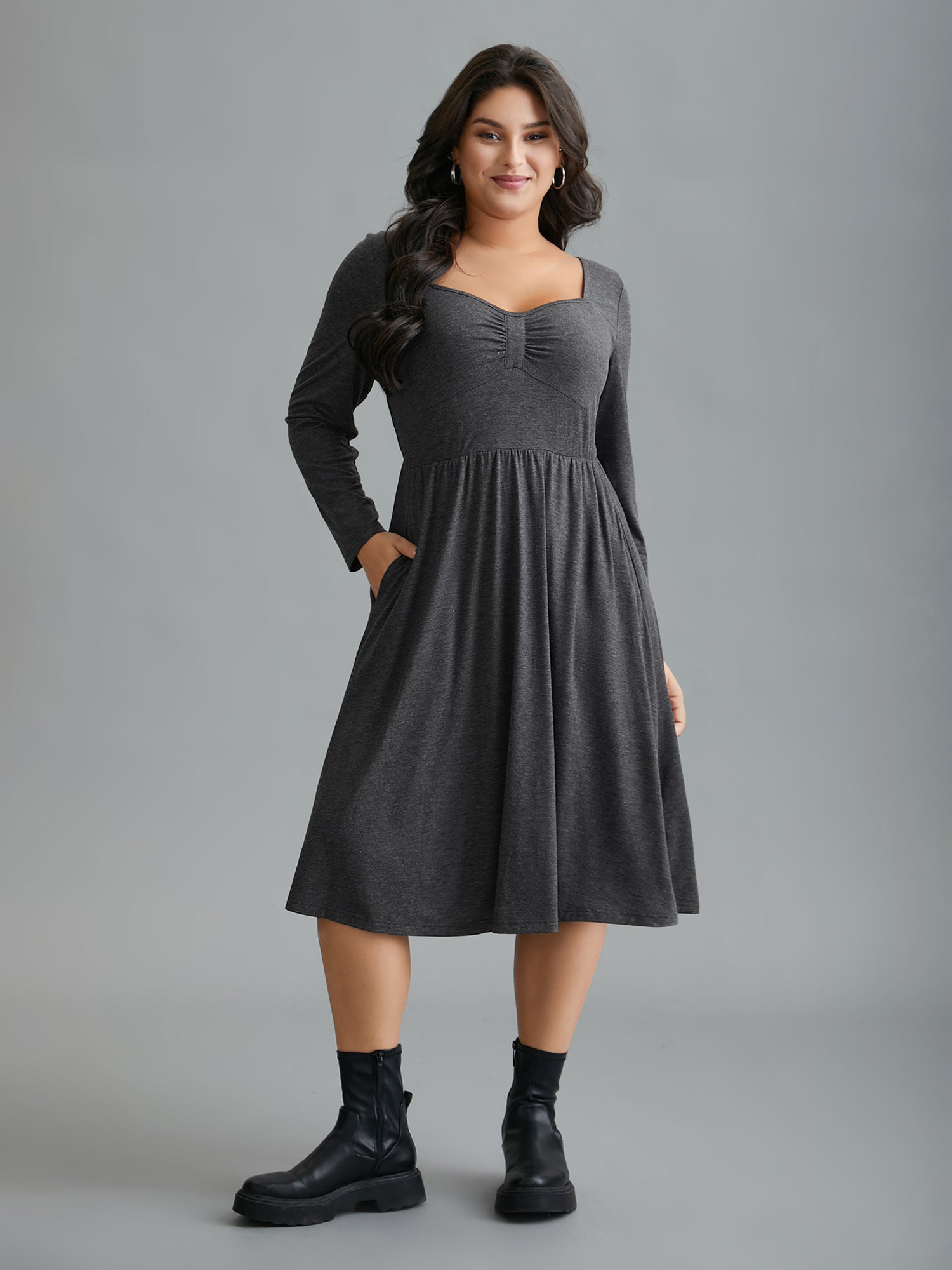 Heart Neckline Knit Gathered Midi Dress
