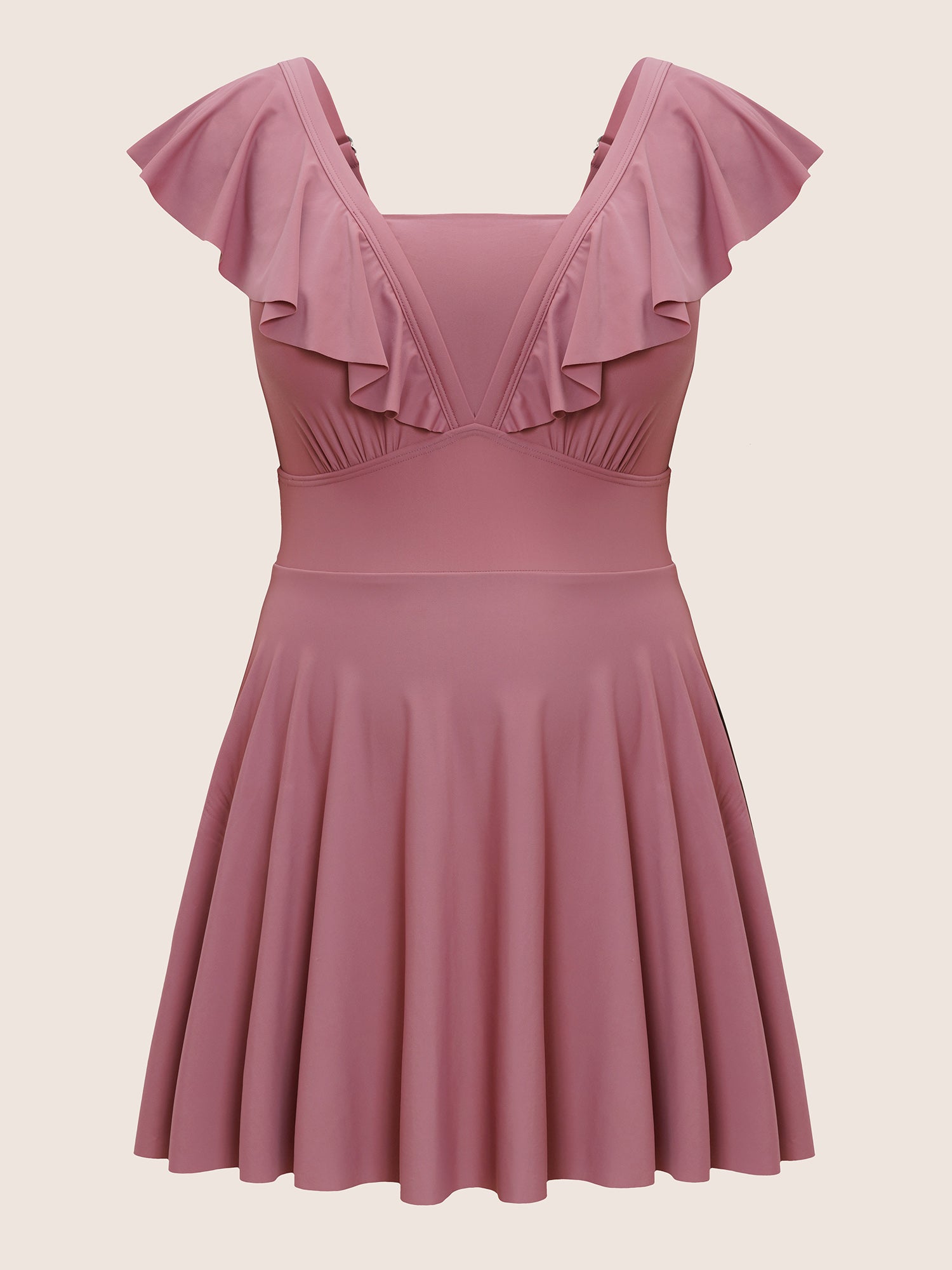 Solid Flutter Trim A Line Swim Dress