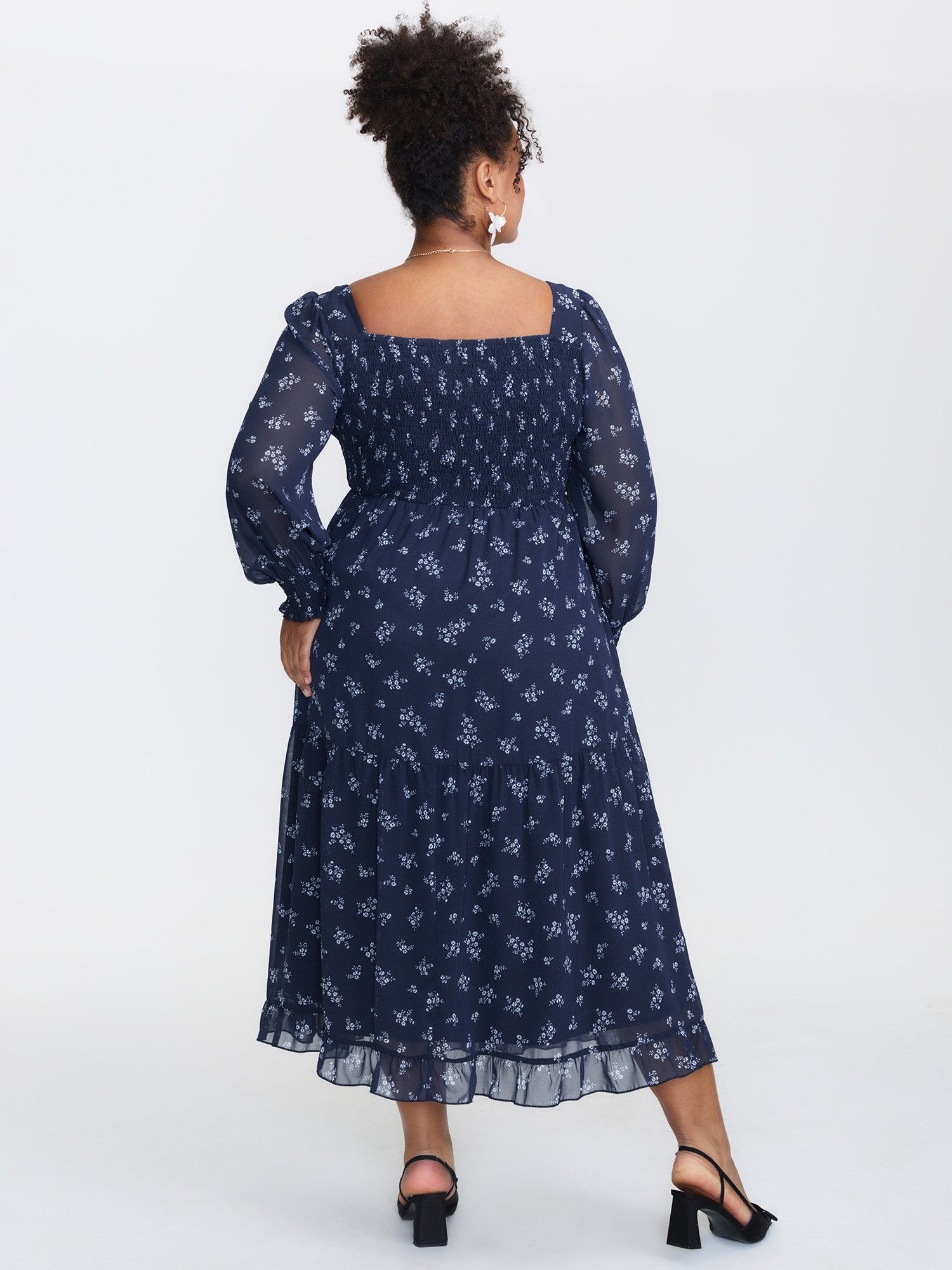 Floral Print Shirred Bodice Sheer Midi Dress