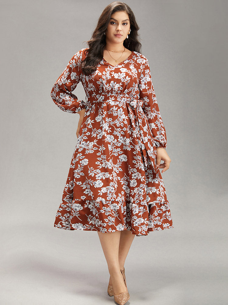 Floral Print Elastic Cuffs Ruffle Hem Dress