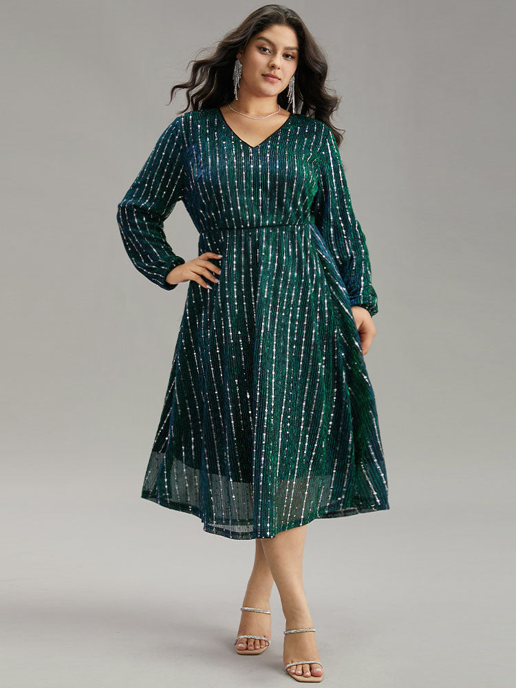 Sequin Mesh V Neck Elastic Waist Dress