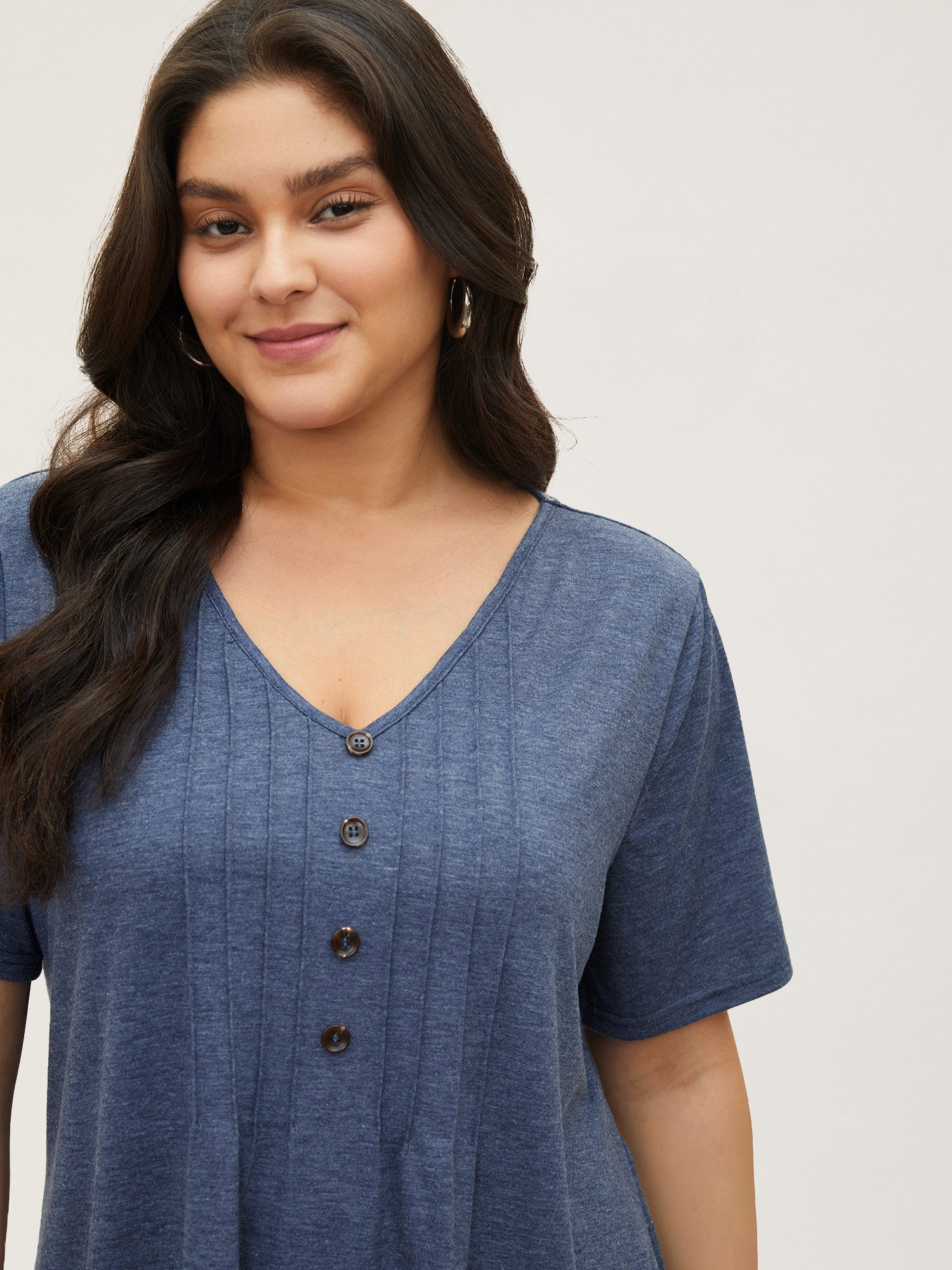 Solid Pleated Front Button Detail V Neck T-shirt