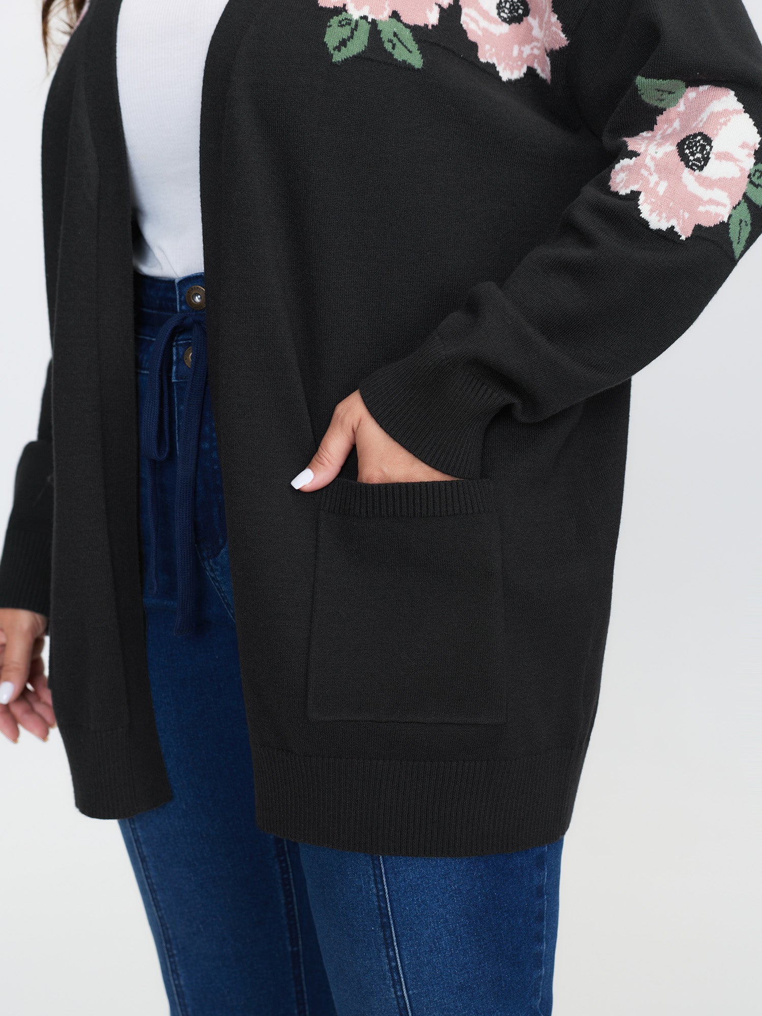 Floral Jacquard Pattern Pockets Knit Cardigan