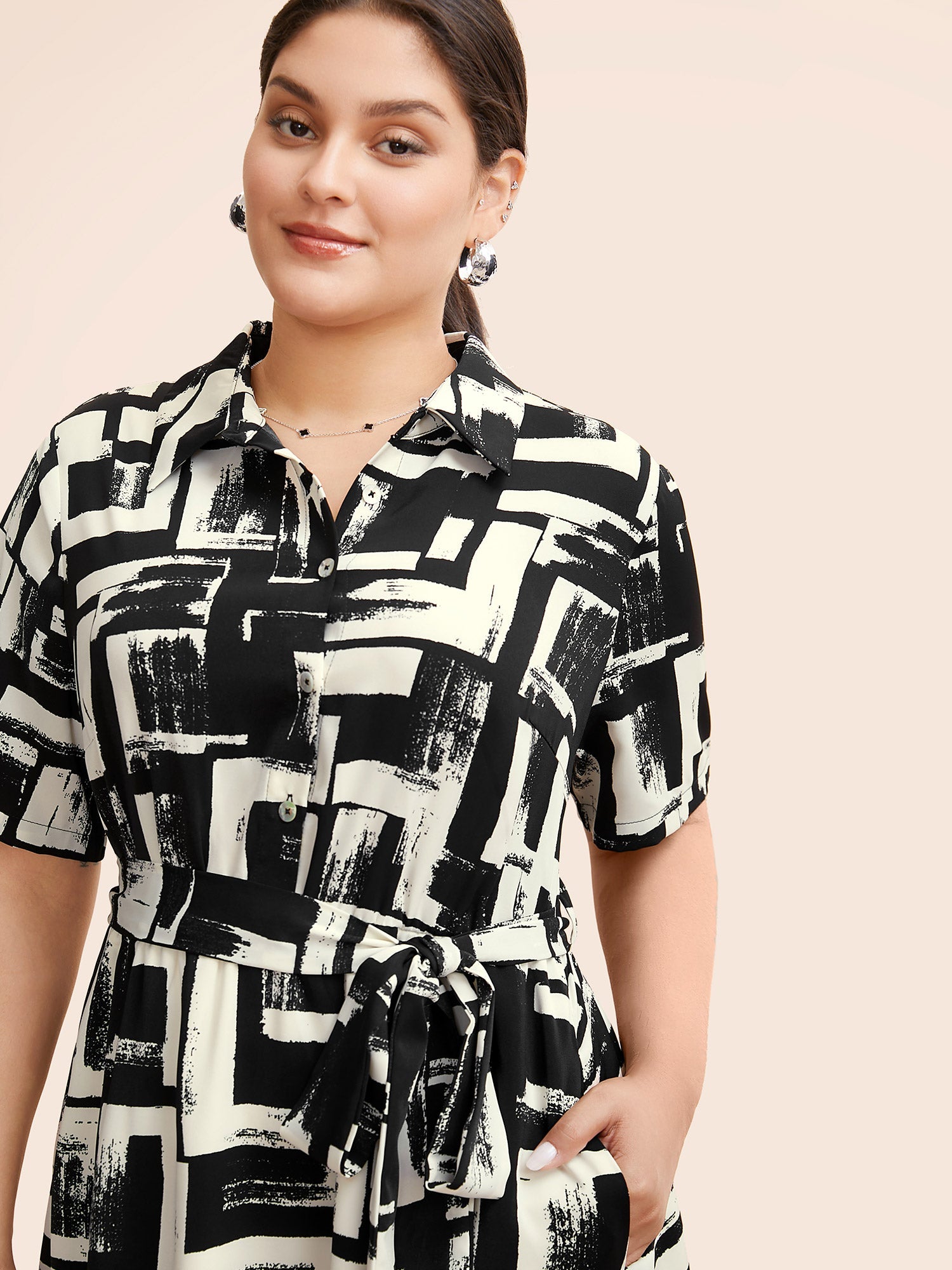 Shirt Collar Colorblock Contrast Midi Dress