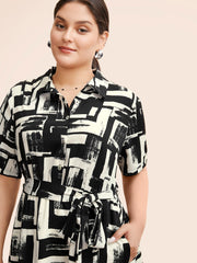 Shirt Collar Colorblock Contrast Midi Dress