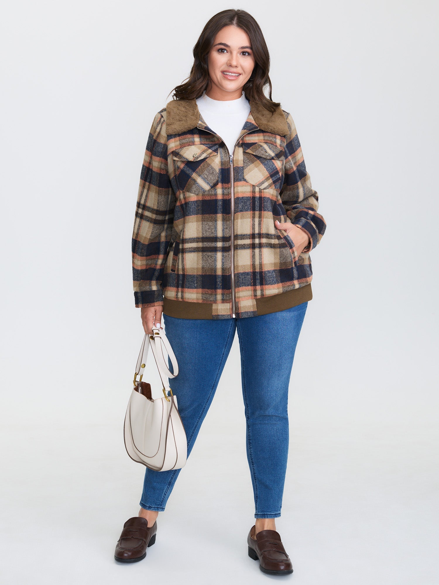 Plaid Pattern Fuzzy Collar Zipper Jacket