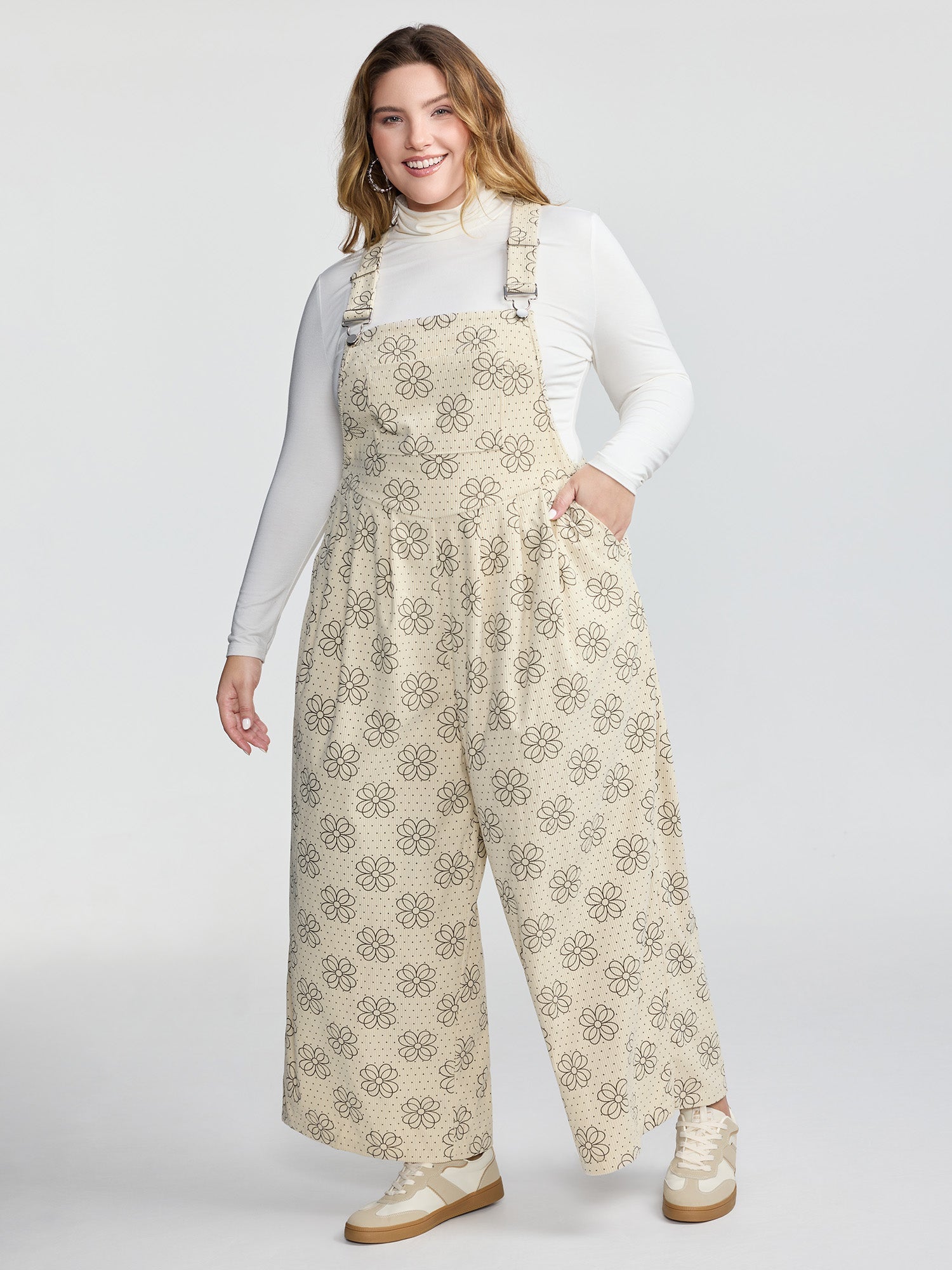 Floral Print Corduroy Pockets Jumpsuit