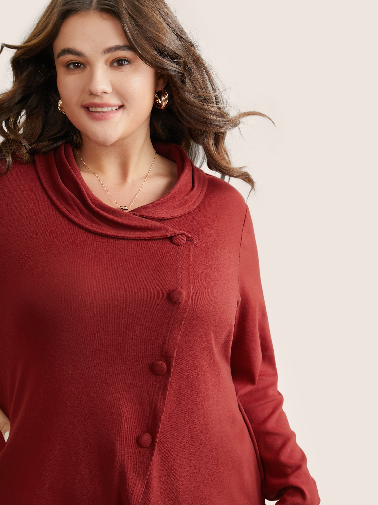 Plain Button Detail Wrap Hem T-shirt