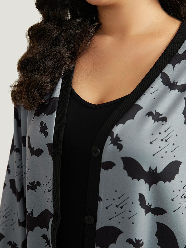 Halloween Bat Print Pocket Button Up Rib Knit Coat