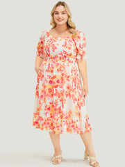 Floral Puff Sleeve Pocket Square Neck Shirred Dress