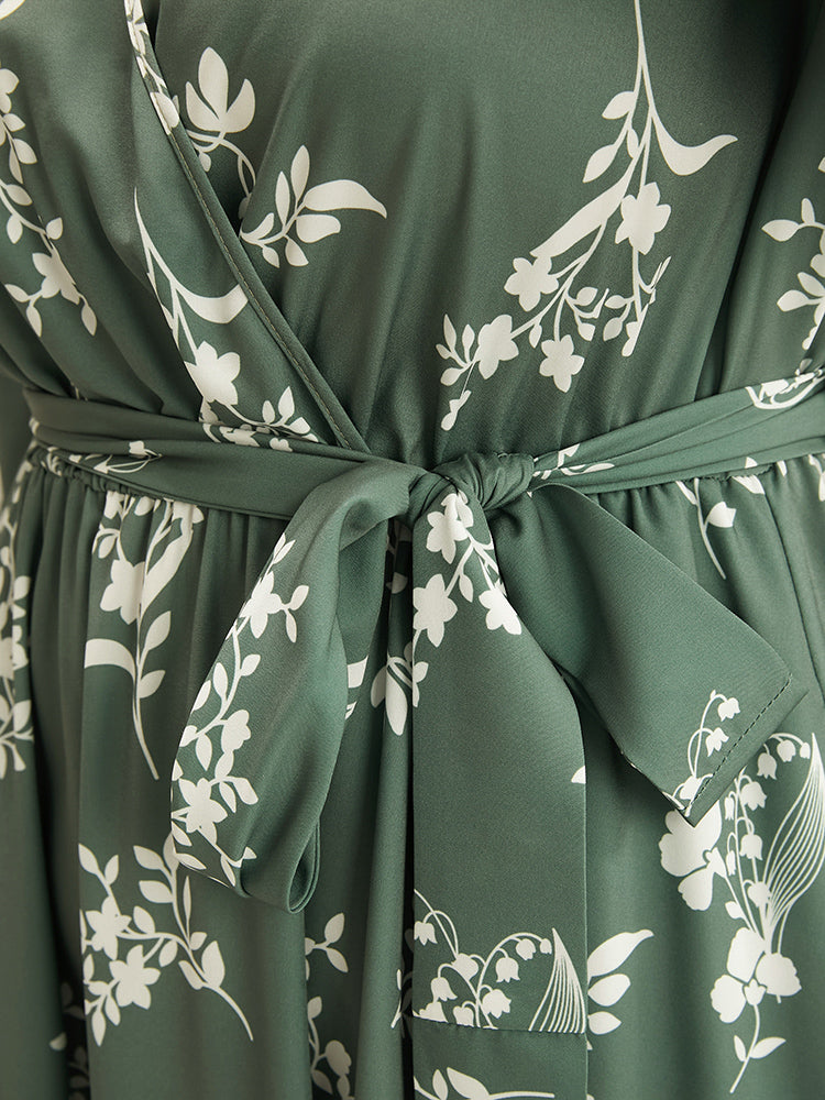 Floral Wrap Pocket Lantern Sleeve Belted Ruffle Dress