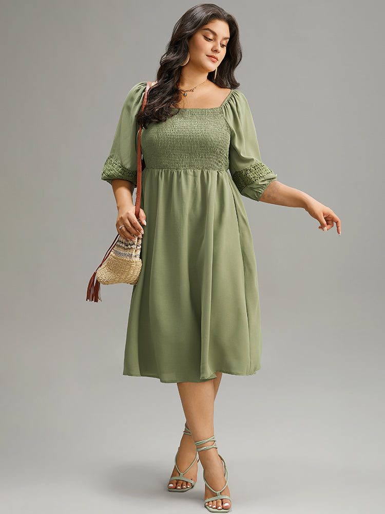 Solid Shirred Square Neck Guipure Lace Dress