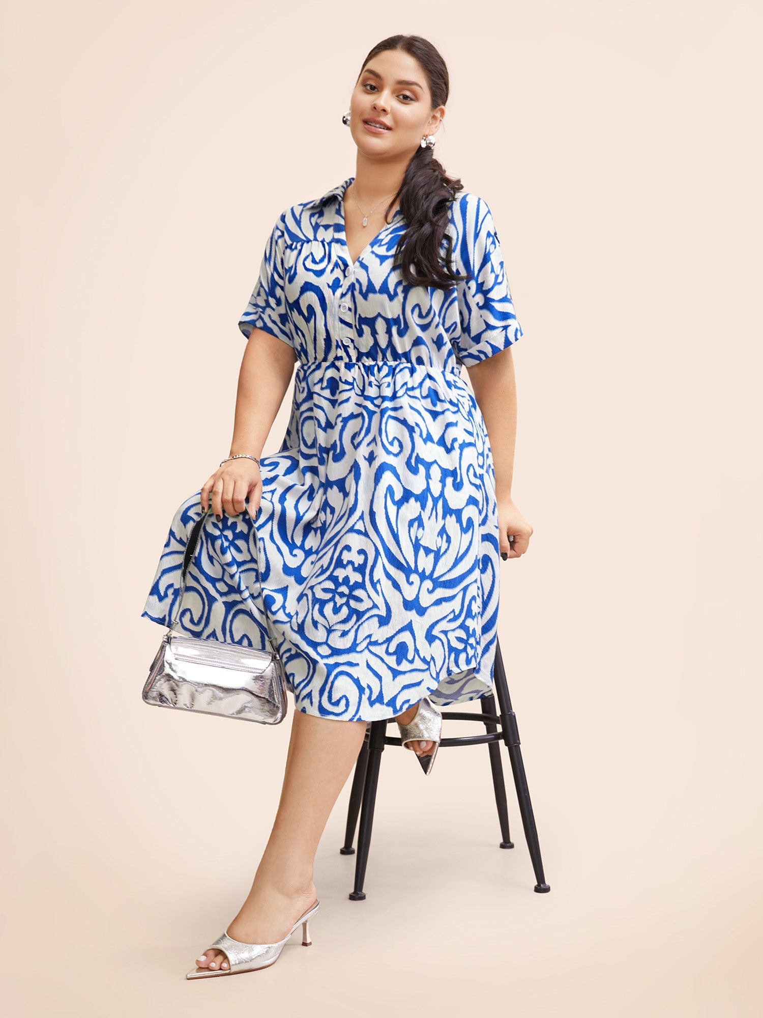 Boho Print Button Detail Cuffed Sleeve Dress