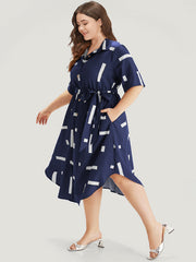 Geometric Print Shirt Collar Button Up Belted Dress